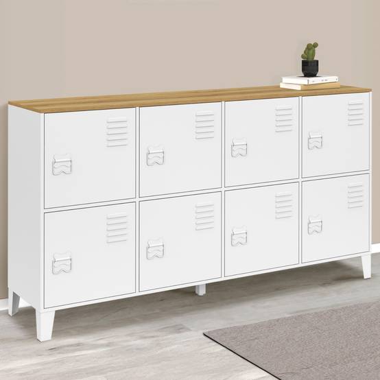 IDMARKET - Buffet casier 139 cm ESTER 8 portes en métal blanc plateau bois design industriel - Image 1