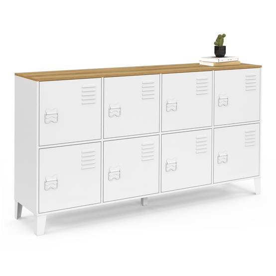 IDMARKET - Buffet casier 139 cm ESTER 8 portes en métal blanc plateau bois design industriel - Image 2