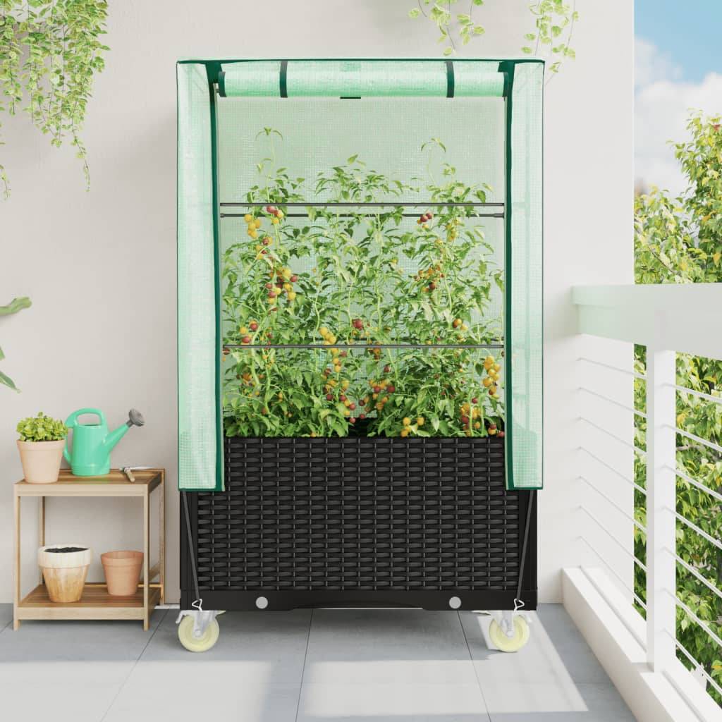 Jardinière surélevée avec housse et roues aspect rotin 50 x 80 x 182 cm - PANGIVO - Image 3