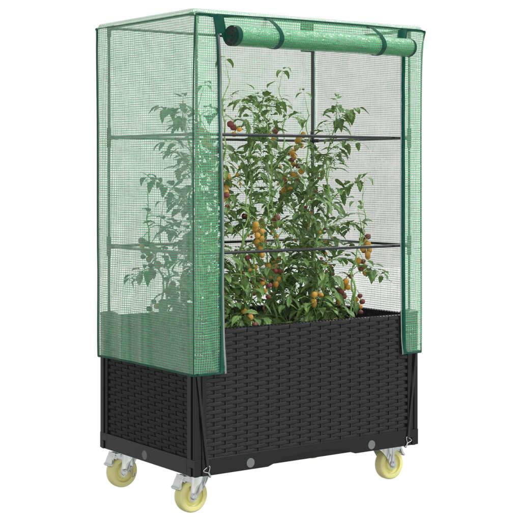 Jardinière surélevée avec housse et roues aspect rotin 50 x 80 x 182 cm - PANGIVO