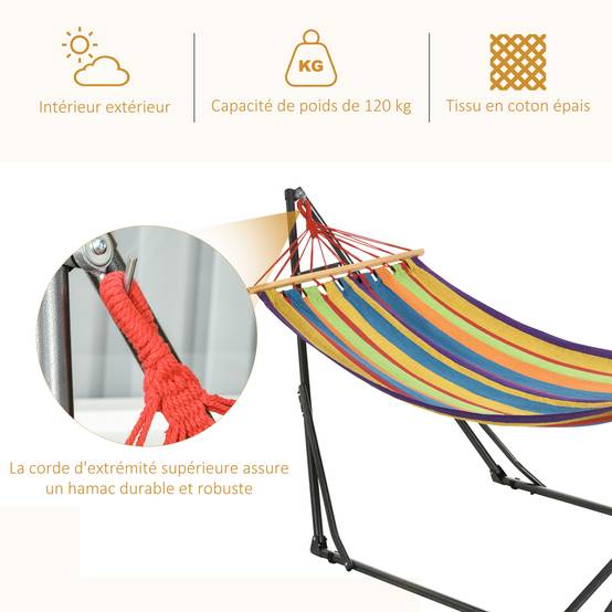 Hamac de jardin pliable acier et cotons multicolore 270 x 100 x 94 cm - PANGIVO - Image 9