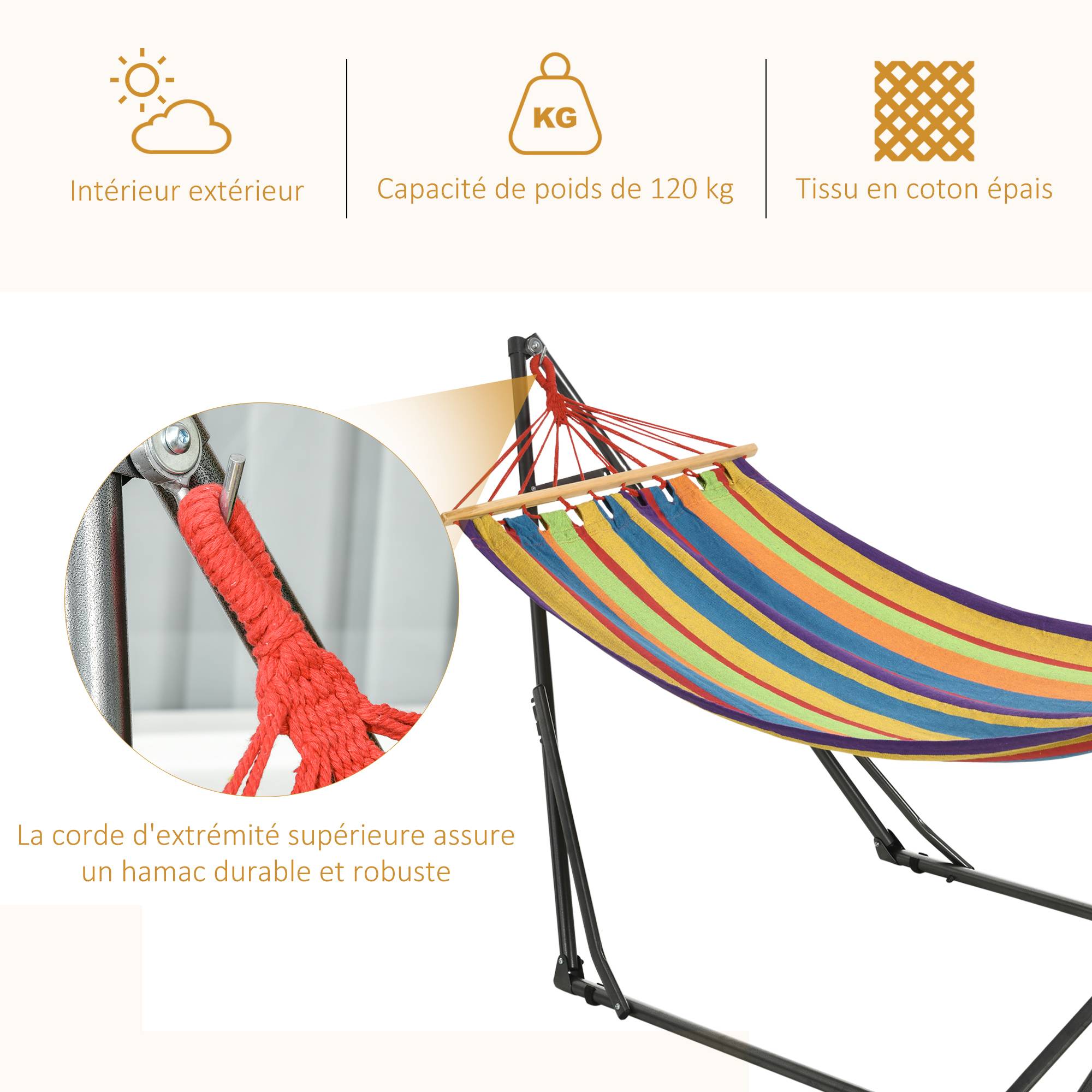 Hamac de jardin pliable acier et cotons multicolore 270 x 100 x 94 cm - PANGIVO - Image 9