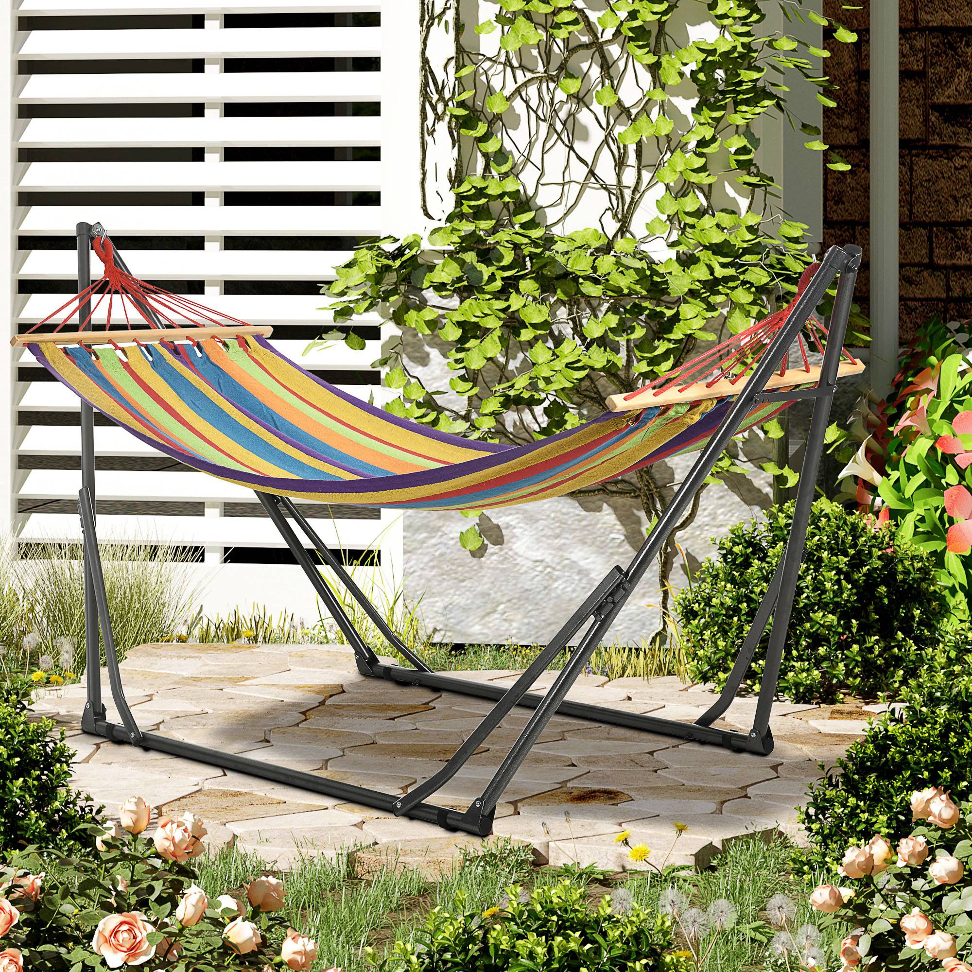 Hamac de jardin pliable acier et cotons multicolore 270 x 100 x 94 cm - PANGIVO - Image 4