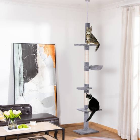 Arbre à chat mural réglable en hauteur 40 x 34 x 230-260 cm panneau de particules sisal et peluche gris - PANGIVO - Image 2