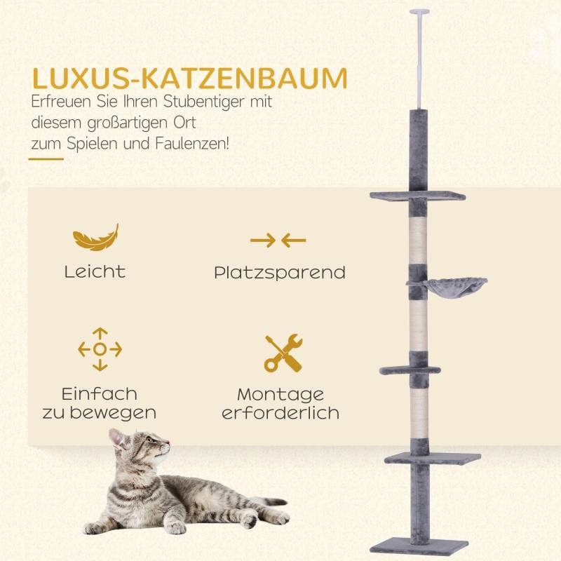 Arbre à chat mural réglable en hauteur 40 x 34 x 230-260 cm panneau de particules sisal et peluche gris - PANGIVO - Image 4