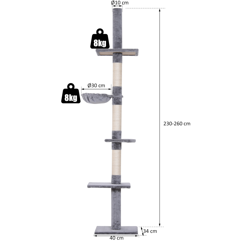 Arbre à chat mural réglable en hauteur 40 x 34 x 230-260 cm panneau de particules sisal et peluche gris - PANGIVO - Image 3