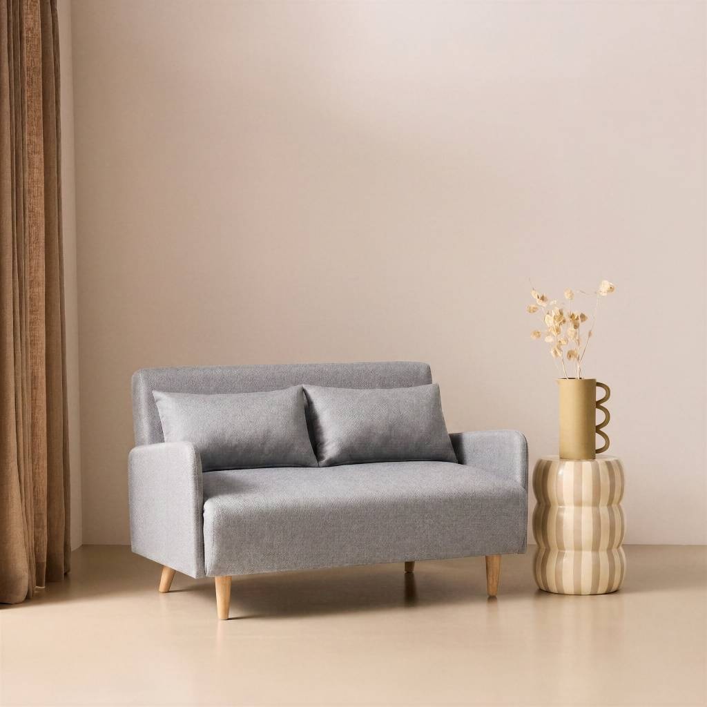 sweeek - Canapé convertible en tissu - Panam - 2 places scandinave. pieds bois clair. gris clair. banquette. dossier inclinable | sweeek - Image 1