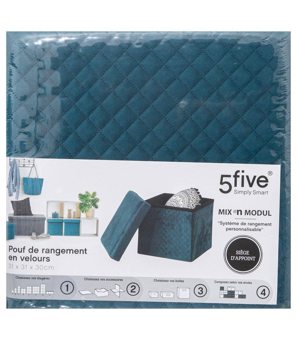 2 en 1 Pouf et Coffre de rangement en velours Bleu 31 x 31 cm - Imagen 4