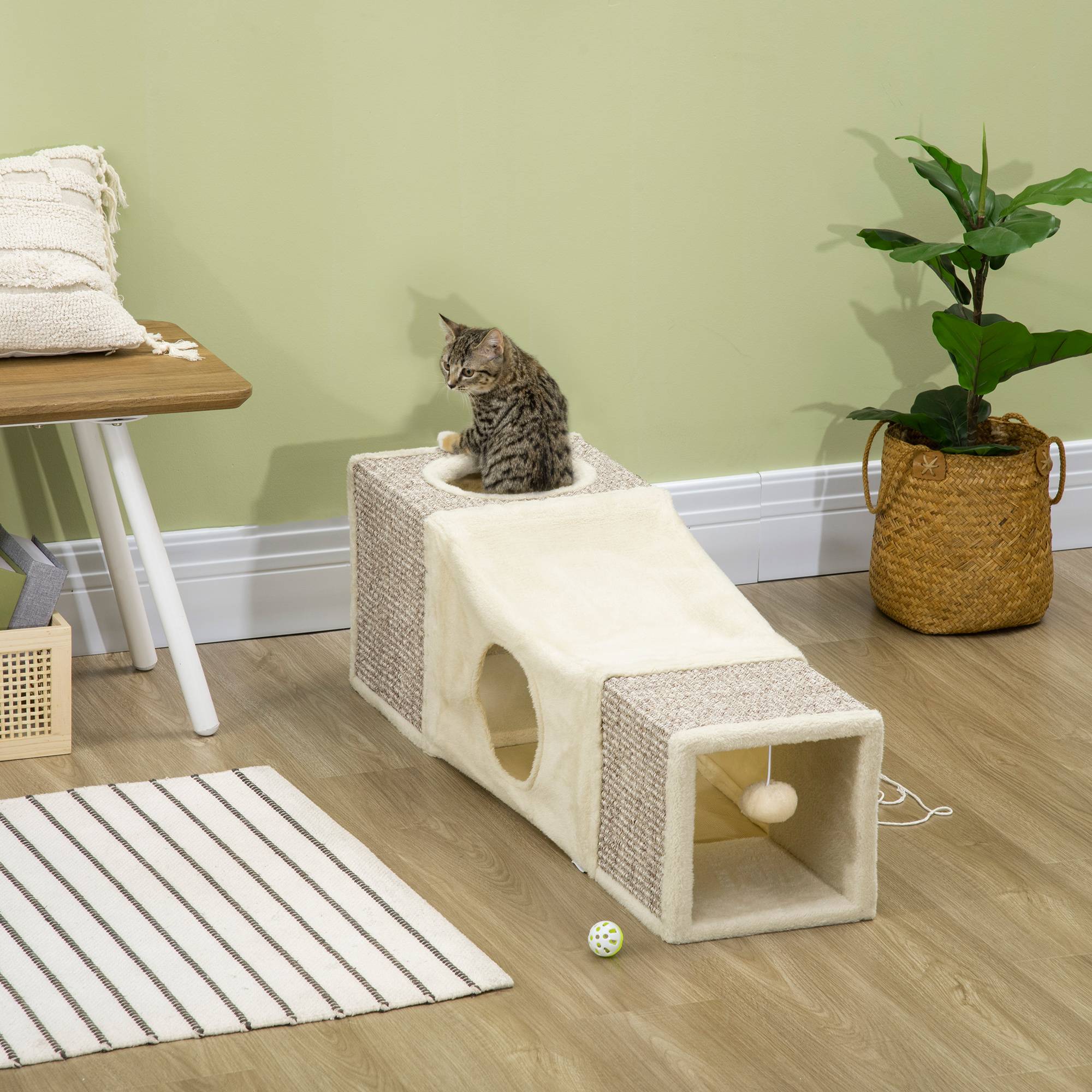 Sans Marque - Tunnel pour chat d'intérieur avec balle suspendue et plusieurs entrées, en sisal, 98 x 30 x 30 cm, couleur crème. - Image 3
