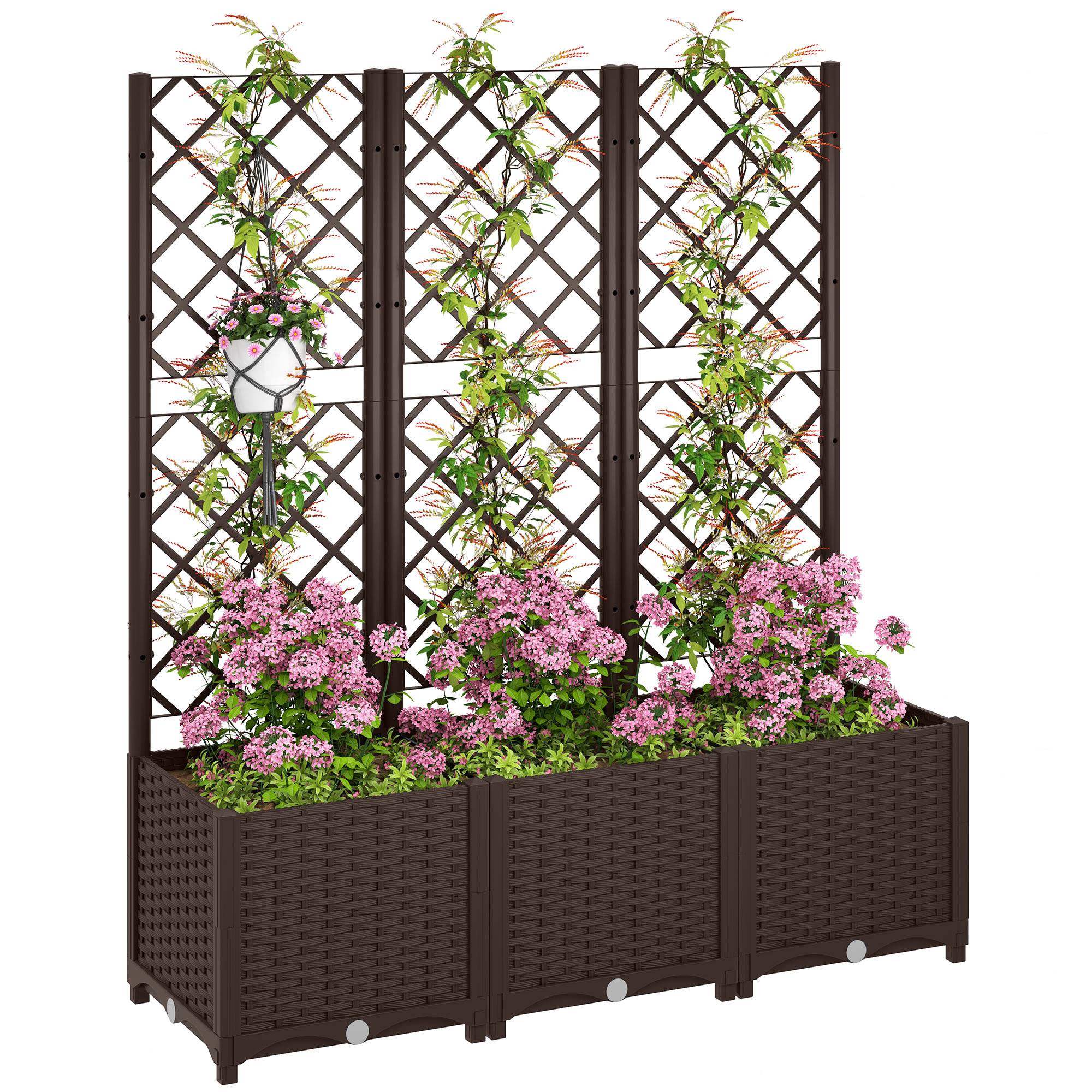Jardinière avec treillis en plastique pour plantes grimpantes, drainage et grand espace de culture, 120 x 40 x 135 cm, marron