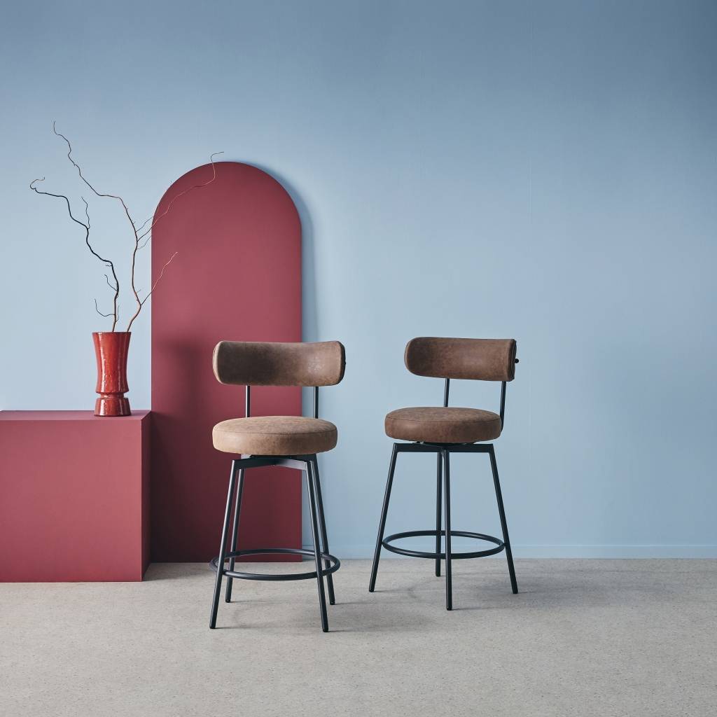 sweeek - Lot de deux tabourets de bar assise rotative métal noir et simili cuir marron - L 50 x P 50 x H 92cm - Iris | sweeek - Image 1