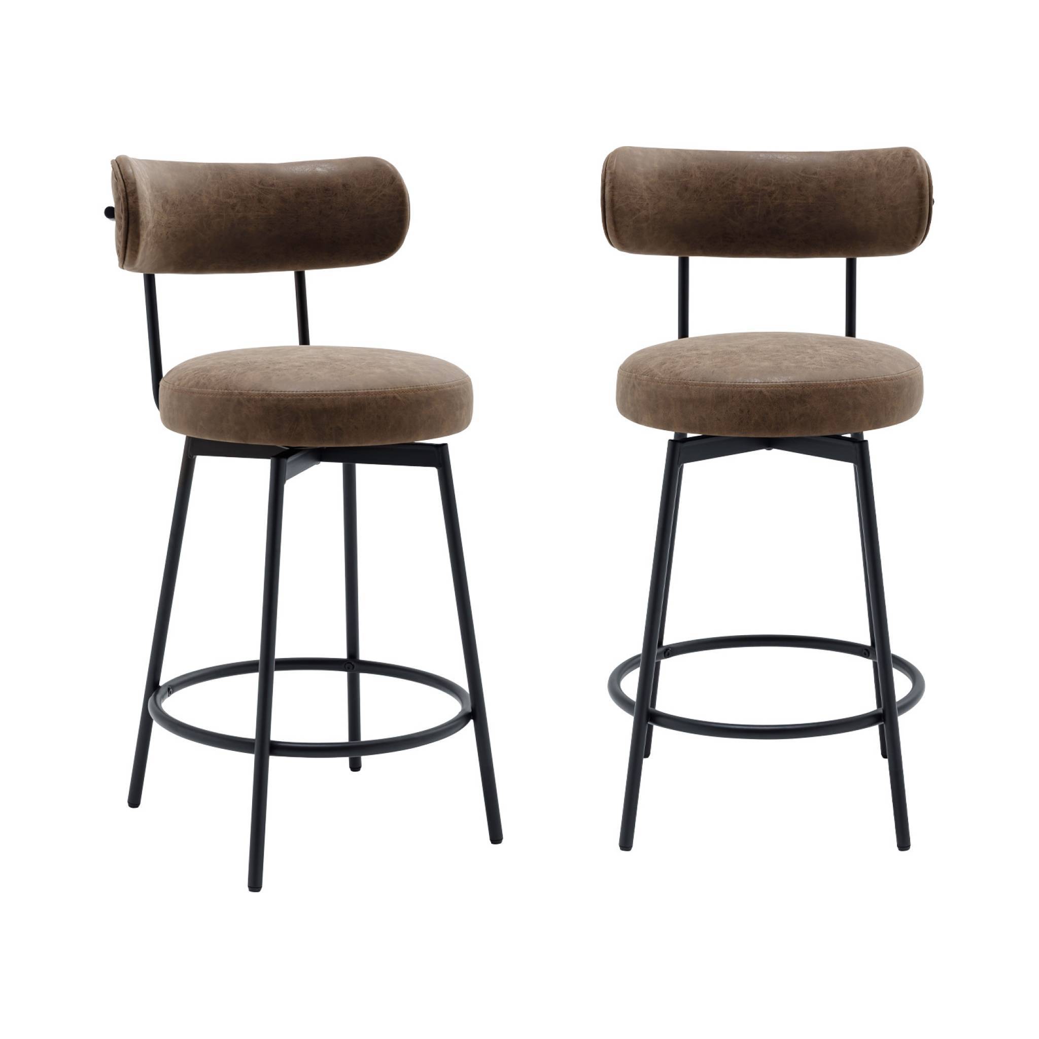 sweeek - Lot de deux tabourets de bar assise rotative métal noir et simili cuir marron - L 50 x P 50 x H 92cm - Iris | sweeek - Image 2
