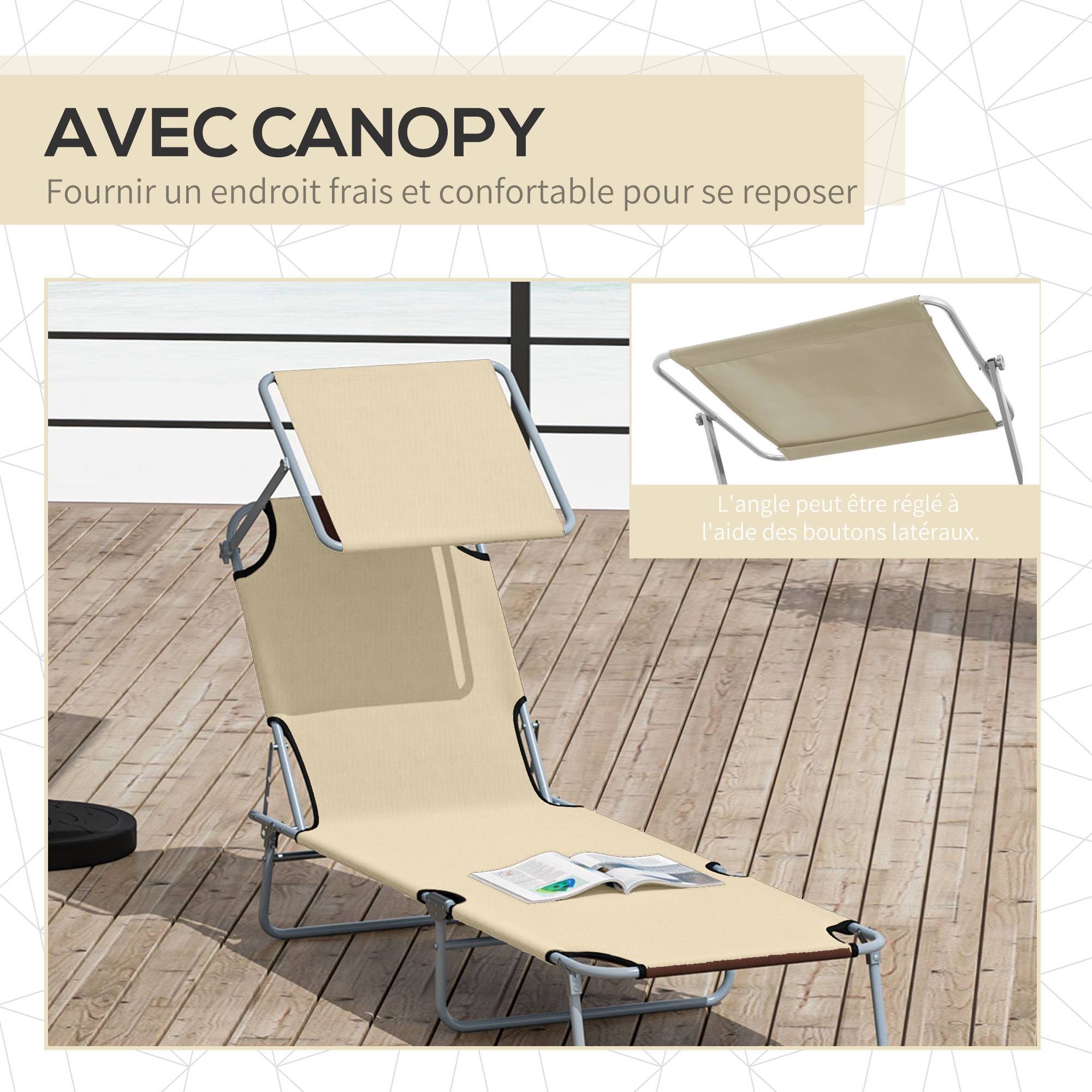 Lot de 2 bain de soleil transat pliable dossier inclinable - 189x58x30cm Acier Noir fr70 - Image 7