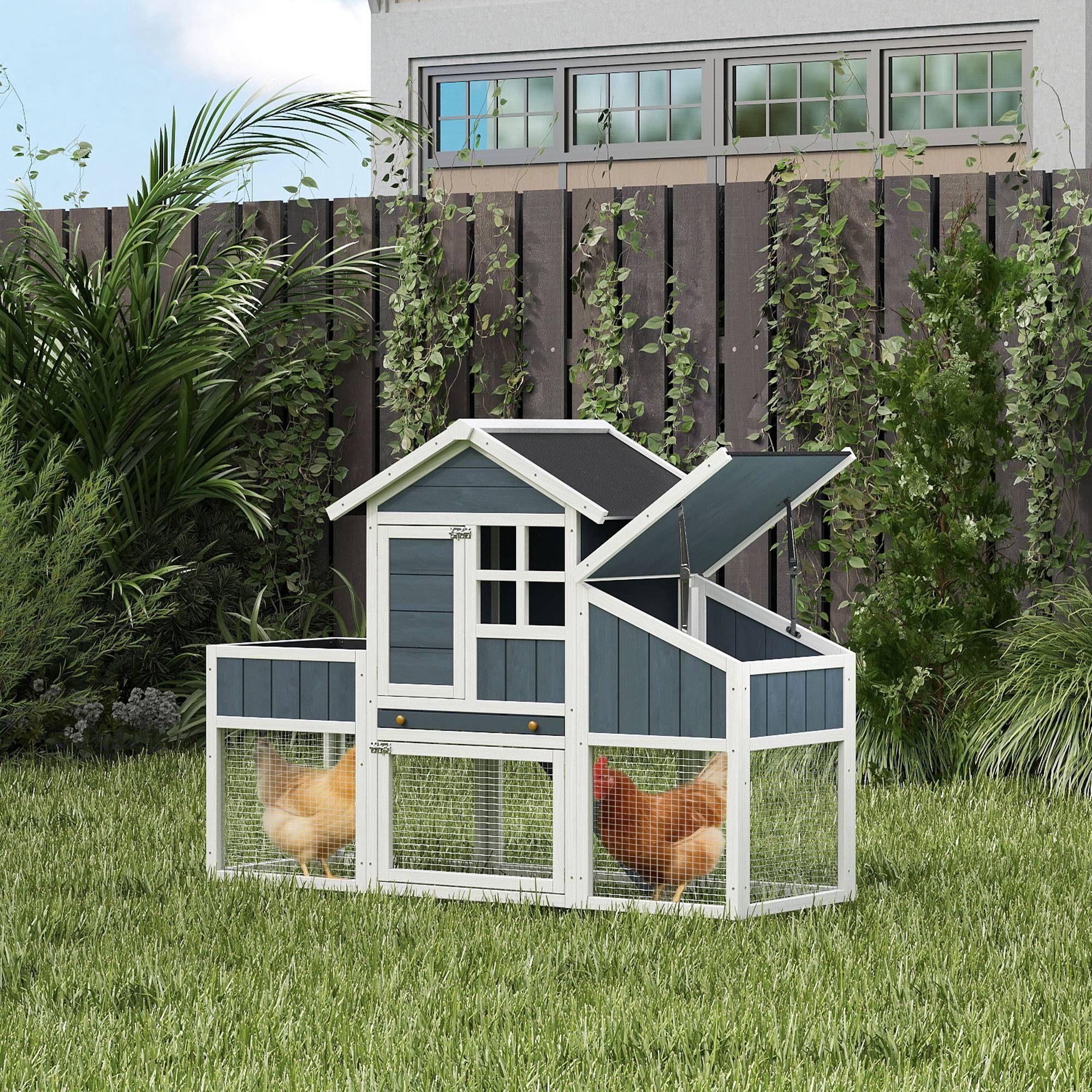Poulailler préfabriqué en bois avec espace ouvert, maison et nid, 161,5 x 62,5 x 115 cm, gris - Image 3