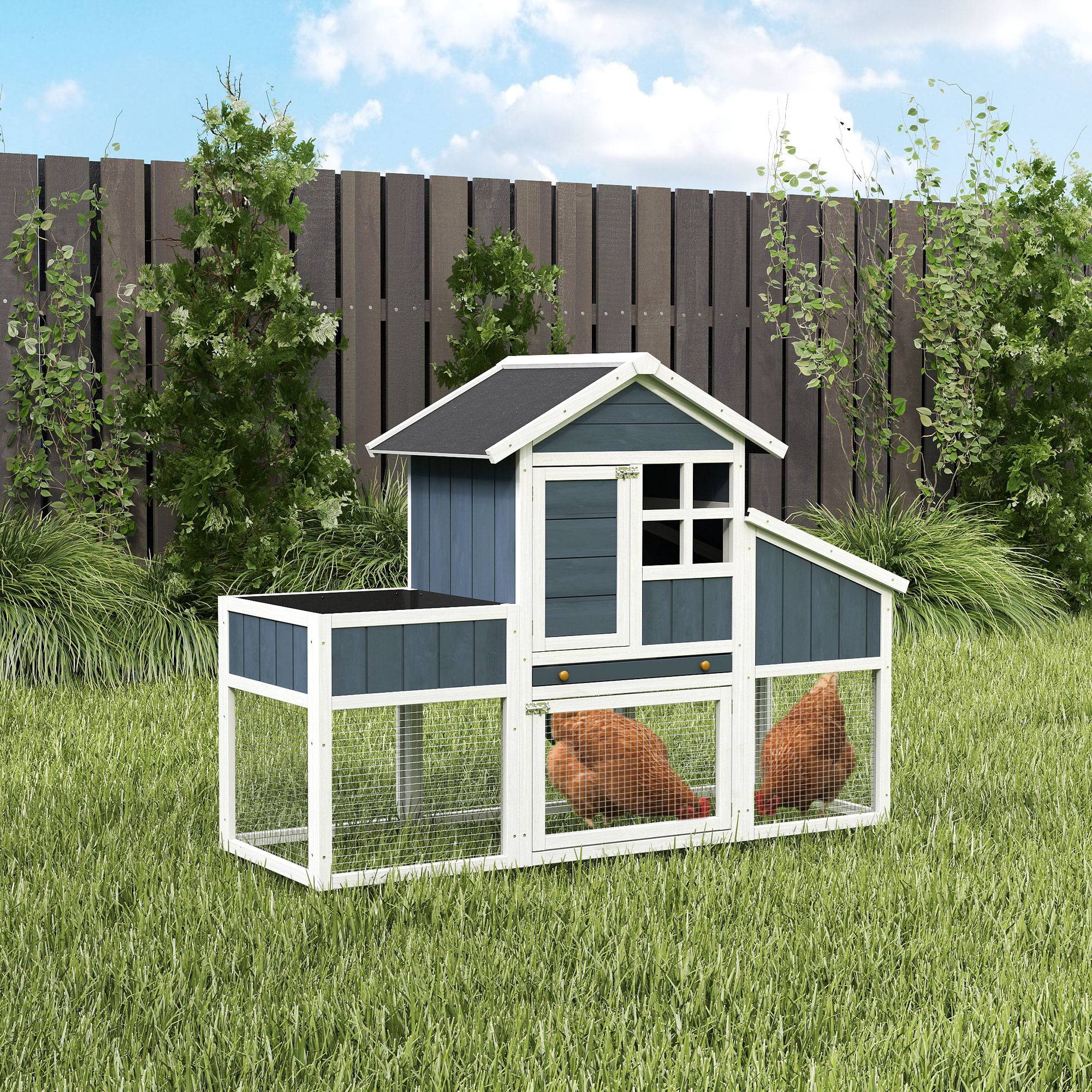 Poulailler préfabriqué en bois avec espace ouvert, maison et nid, 161,5 x 62,5 x 115 cm, gris - Image 4