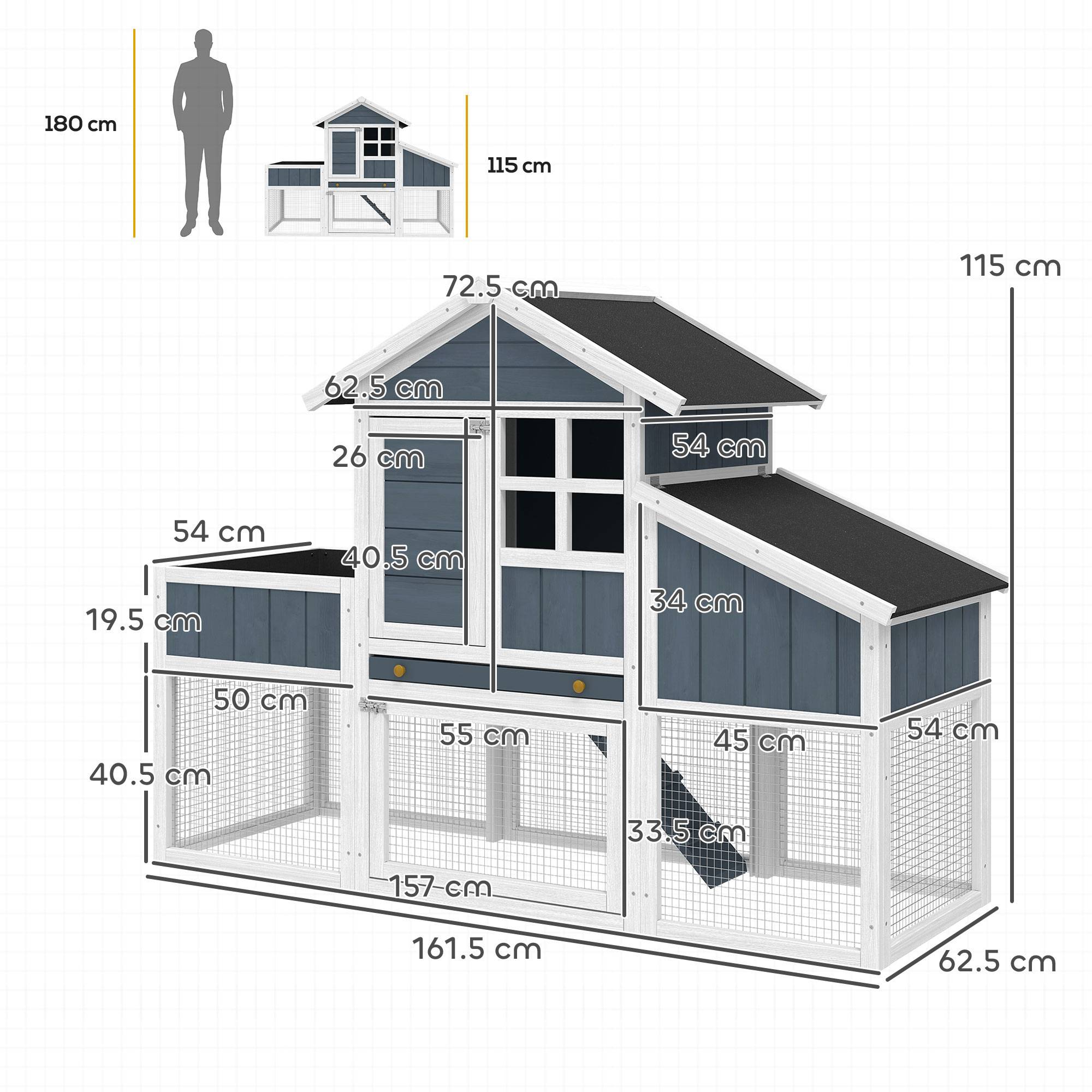 Poulailler préfabriqué en bois avec espace ouvert, maison et nid, 161,5 x 62,5 x 115 cm, gris - Image 5