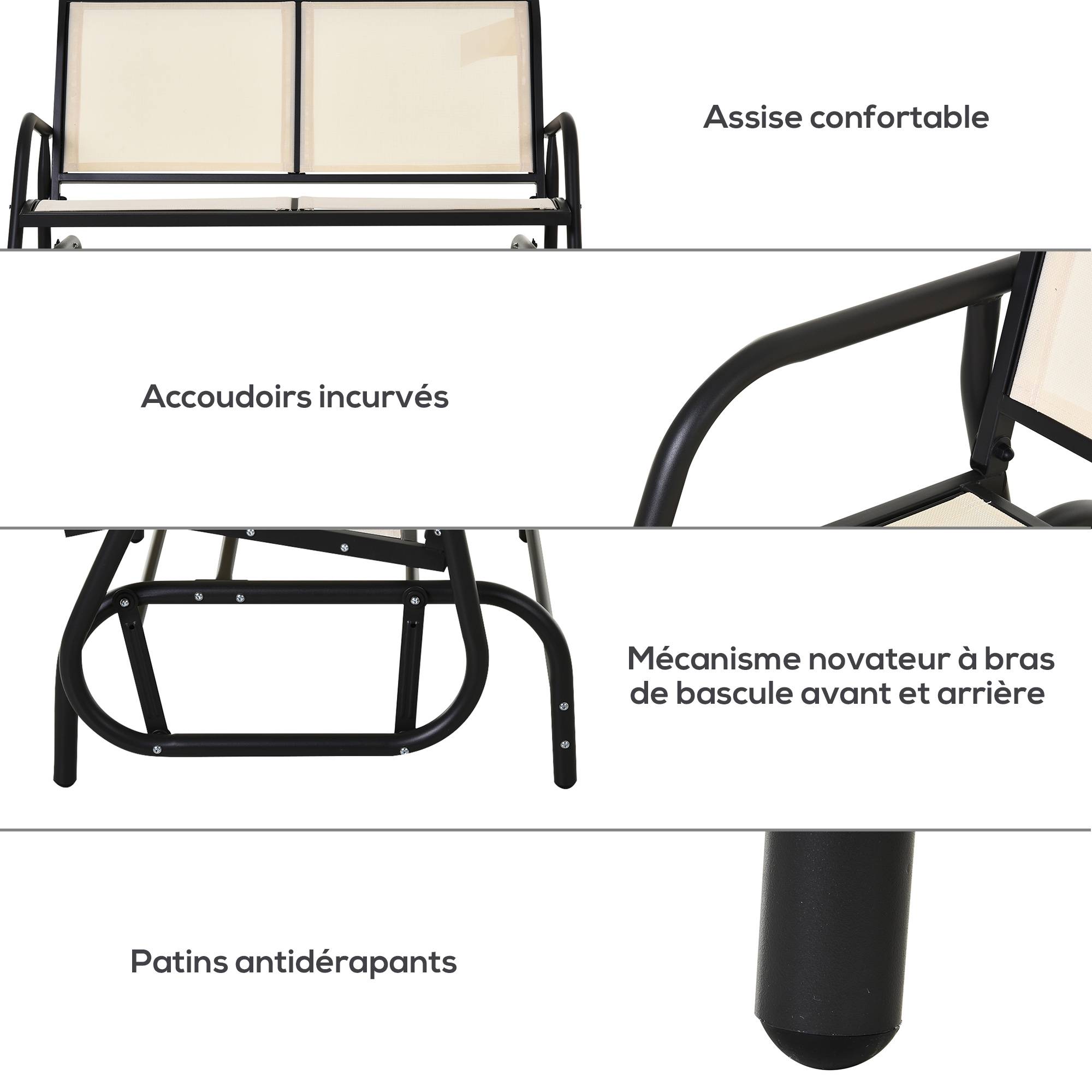 Outsunny - Banc à bascule de jardin 2 places design contemporain grand confort accoudoirs assise et dossier ergonomique acier textilène beige - Outsunny - Imagen 7