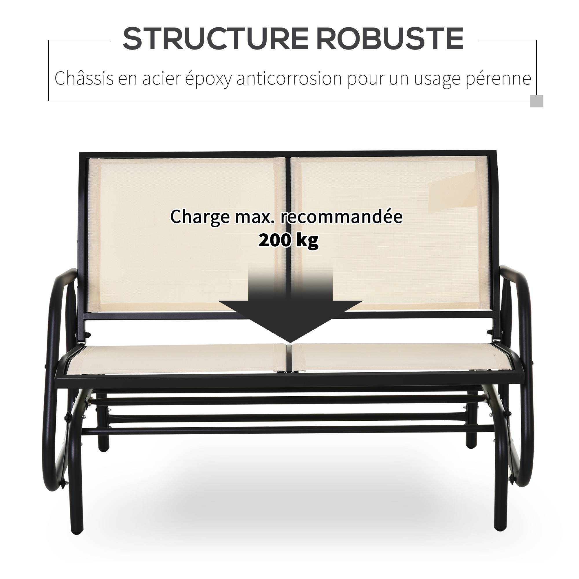 Outsunny - Banc à bascule de jardin 2 places design contemporain grand confort accoudoirs assise et dossier ergonomique acier textilène beige - Outsunny - Imagen 6
