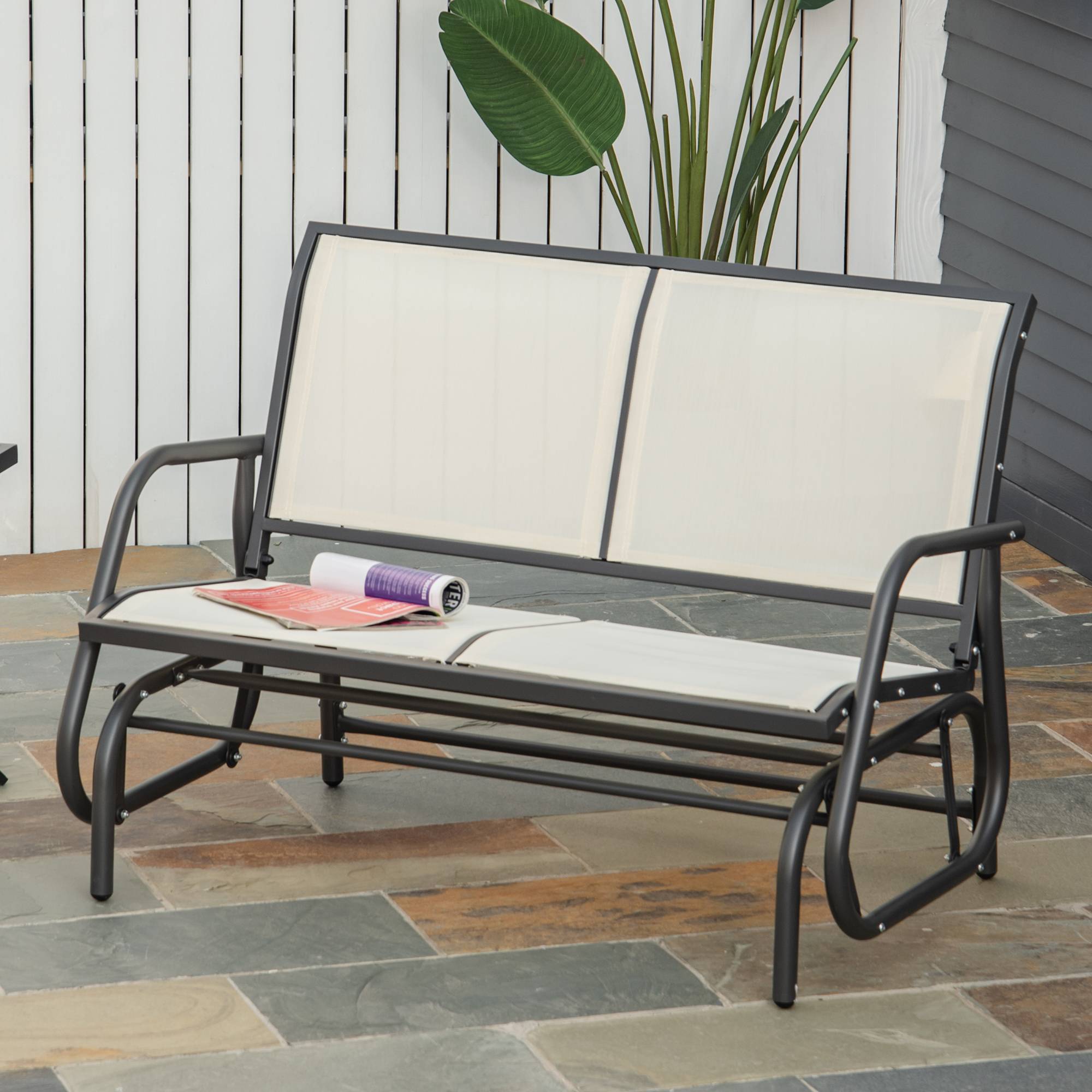 Outsunny - Banc à bascule de jardin 2 places design contemporain grand confort accoudoirs assise et dossier ergonomique acier textilène beige - Outsunny - Imagen 2