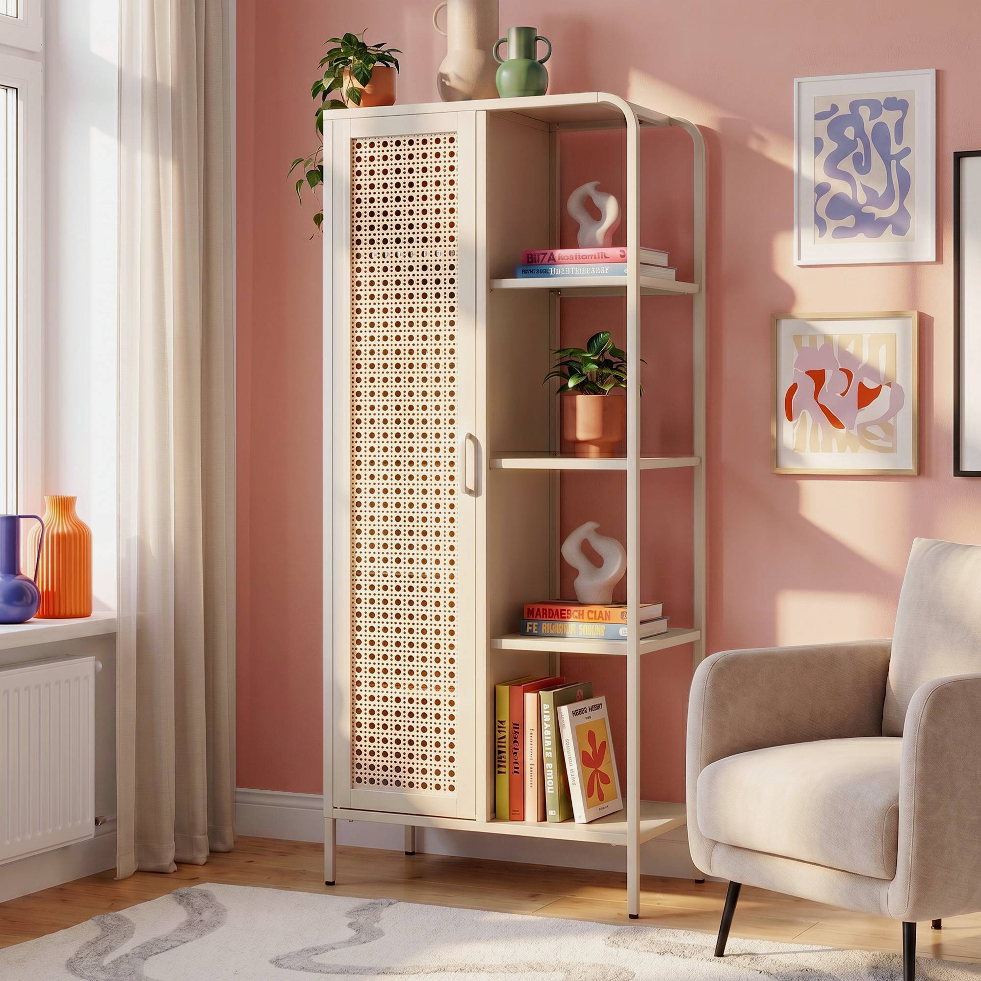 Sicaan Etagère Industrielle en métal grillagé Beige 1 Porte 4 Cases - Hera