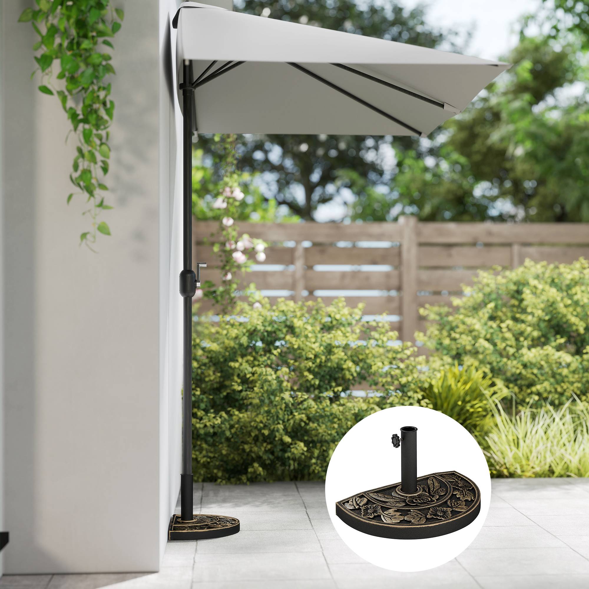 Base de parasol en demi-lune Ø38 mm et Ø48 mm avec manivelle, base en résine, support mural 50x31x32 cm, bronze - Image 9