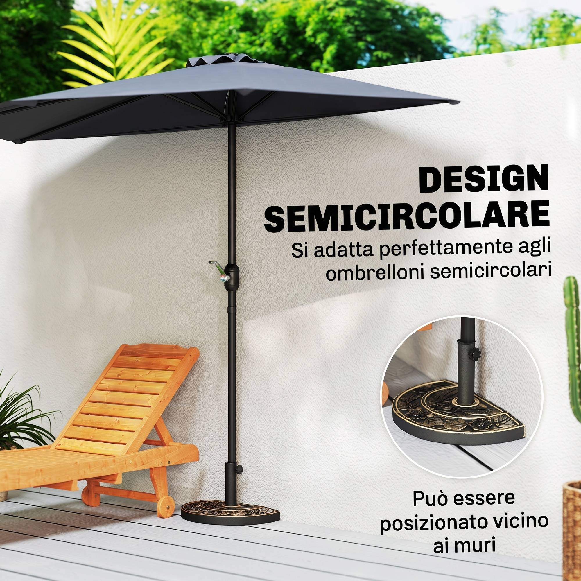 Base de parasol en demi-lune Ø38 mm et Ø48 mm avec manivelle, base en résine, support mural 50x31x32 cm, bronze - Image 8