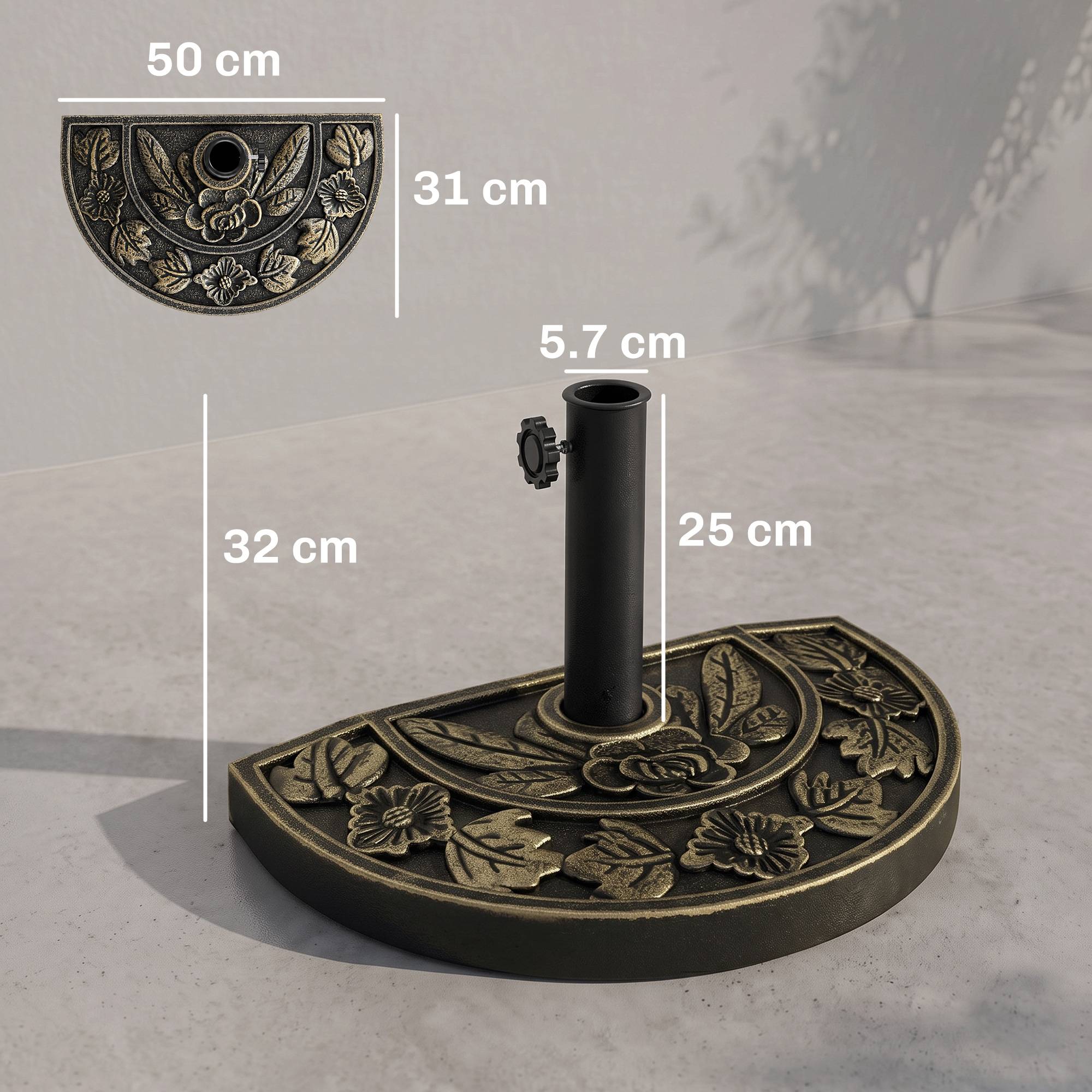 Base de parasol en demi-lune Ø38 mm et Ø48 mm avec manivelle, base en résine, support mural 50x31x32 cm, bronze - Image 5