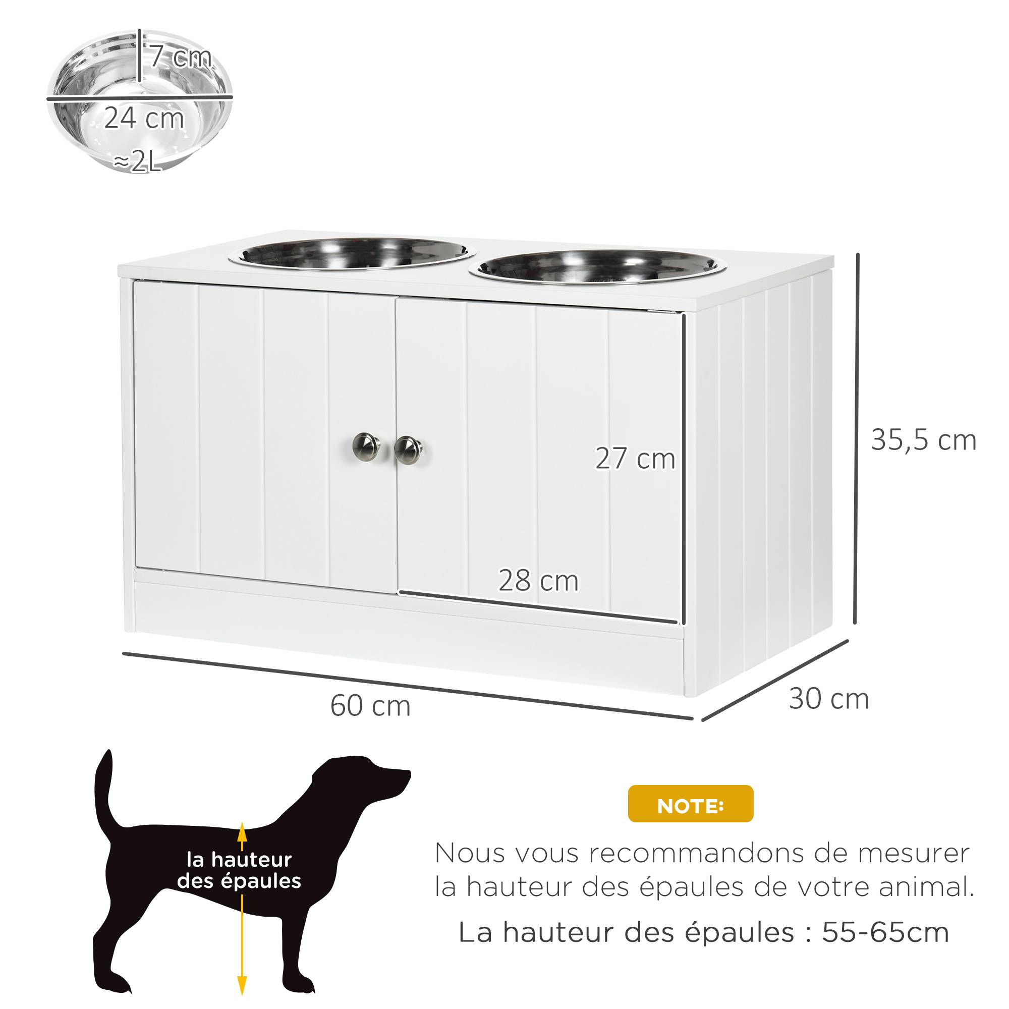 Gamelles chiens surélevées gamelle double chien chat porte-gamelles 60 x 30 x 35,5 cm 2 gamelles 2L acier inox incluses bois blanc - Image 5