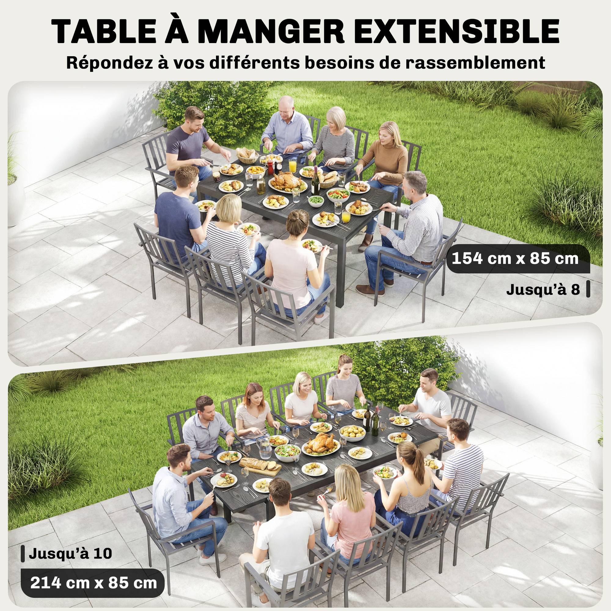 Table de Jardin Extensible Plateau Aluminium Effet Bois Pieds Réglables 8-10 Personnes 214x85x75cm Gris Anthracite - Image 6
