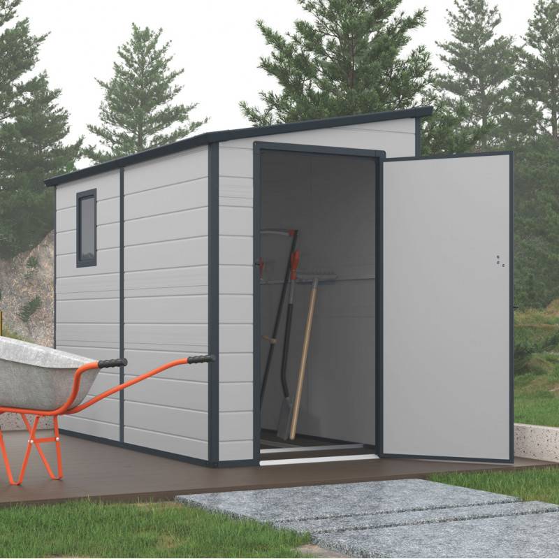 Abri de jardin adossé résine polypropylène 3,55m² gris clair avec kit de fondation Jôbu - Image 1