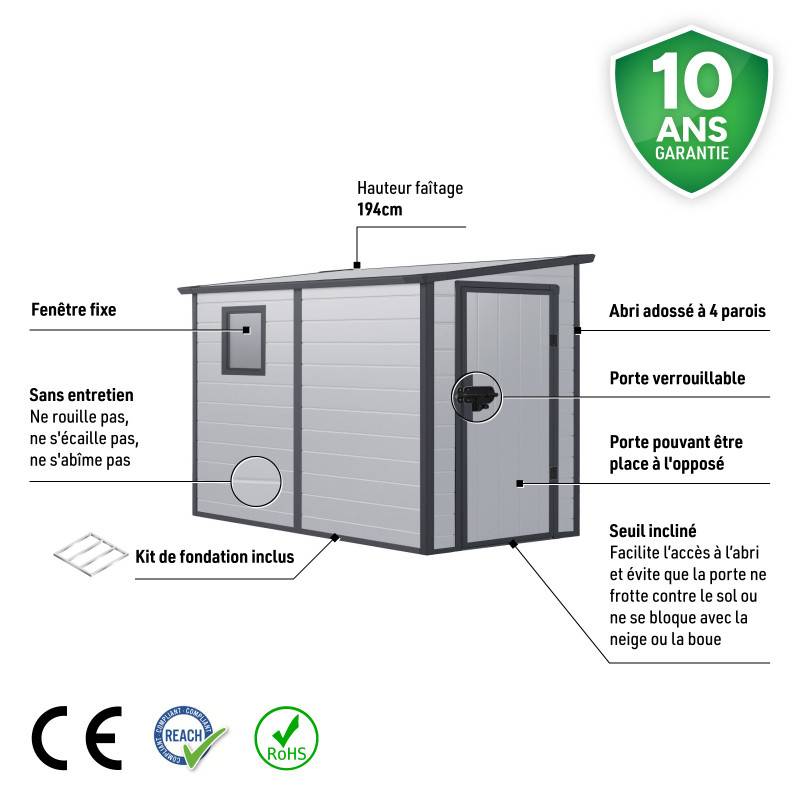 Abri de jardin adossé résine polypropylène 3,55m² gris clair avec kit de fondation Jôbu - Image 4