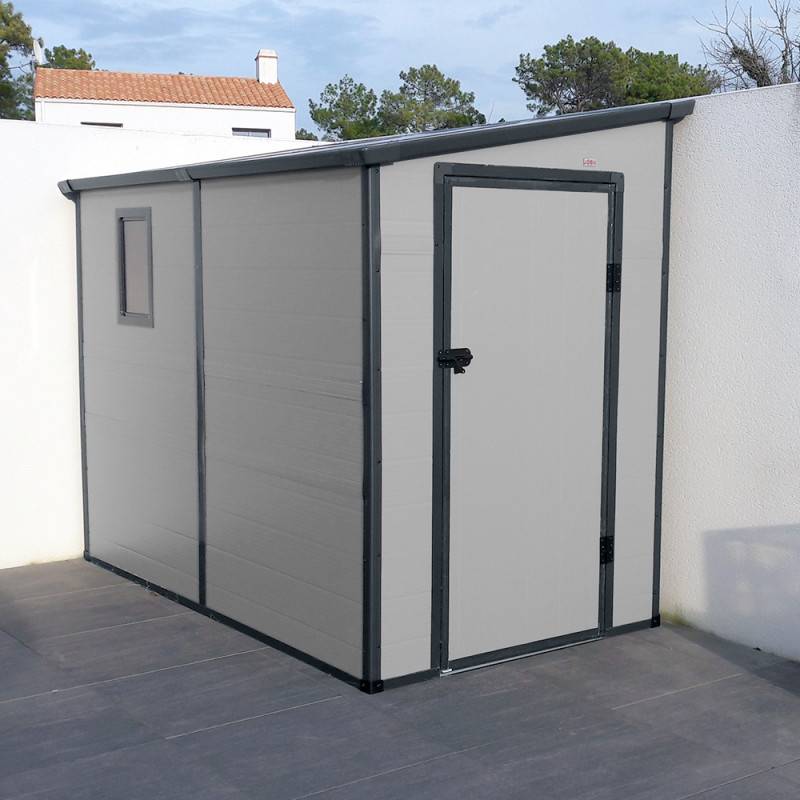 Abri de jardin adossé résine polypropylène 3,55m² gris clair avec kit de fondation Jôbu - Image 2