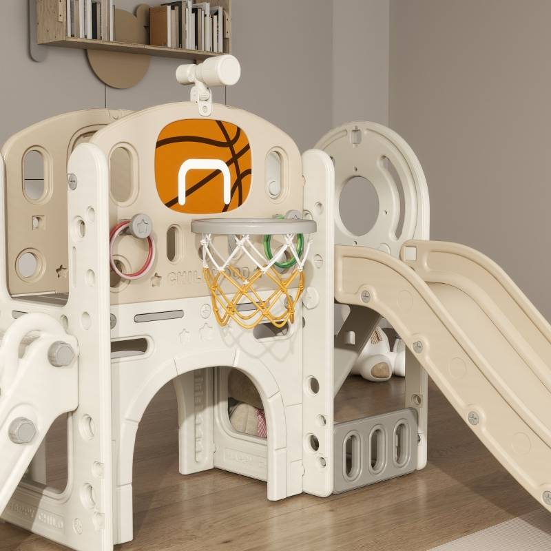 Jouet enfant 7-en-1 toboggan, aire de jeu intérieure avec rangement et tunnel de rampement, 186x153x111 cm, blanc crème - Image 8