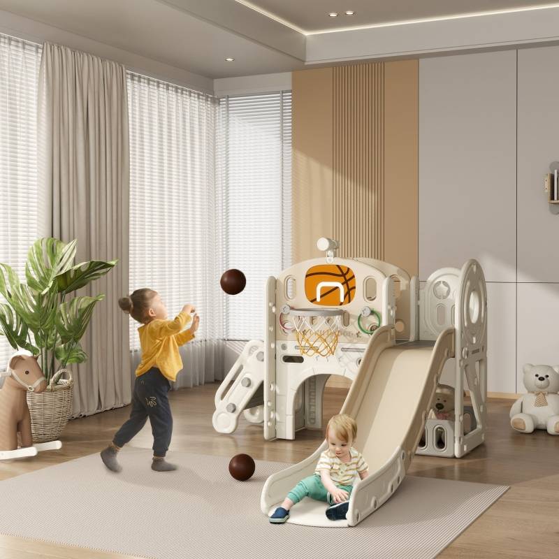 Jouet enfant 7-en-1 toboggan, aire de jeu intérieure avec rangement et tunnel de rampement, 186x153x111 cm, blanc crème - Image 2