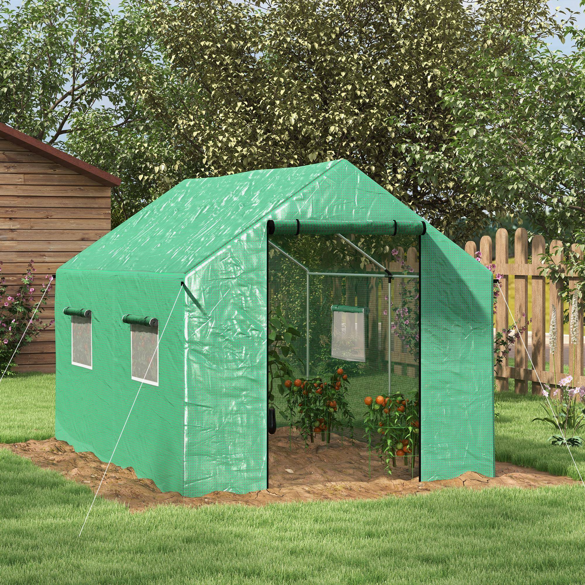 Serre de jardin tunnel 2 x 3m, 6m² avec porte enroulable, 4 fenêtres, - Acier galvanisé PE Haute densité Vert - Image 3