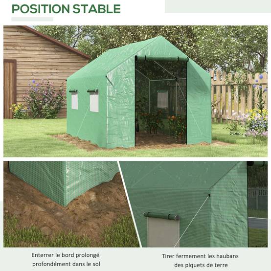Serre de jardin tunnel 2 x 3m, 6m² avec porte enroulable, 4 fenêtres, - Acier galvanisé PE Haute densité Vert - Image 8