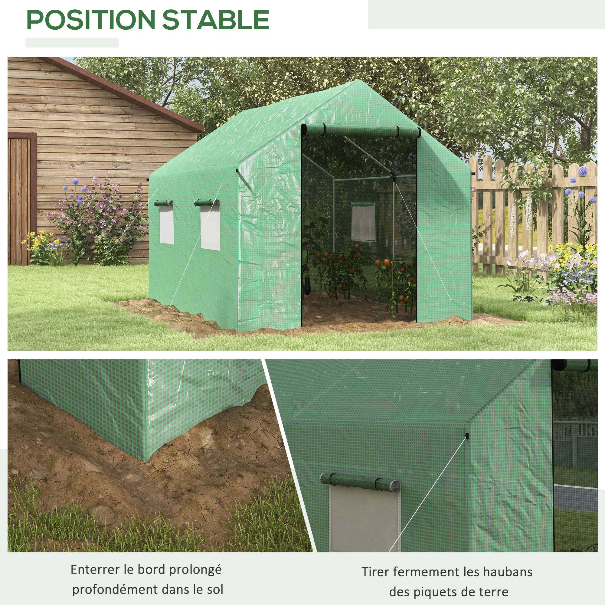 Serre de jardin tunnel 2 x 3m, 6m² avec porte enroulable, 4 fenêtres, - Acier galvanisé PE Haute densité Vert - Image 8