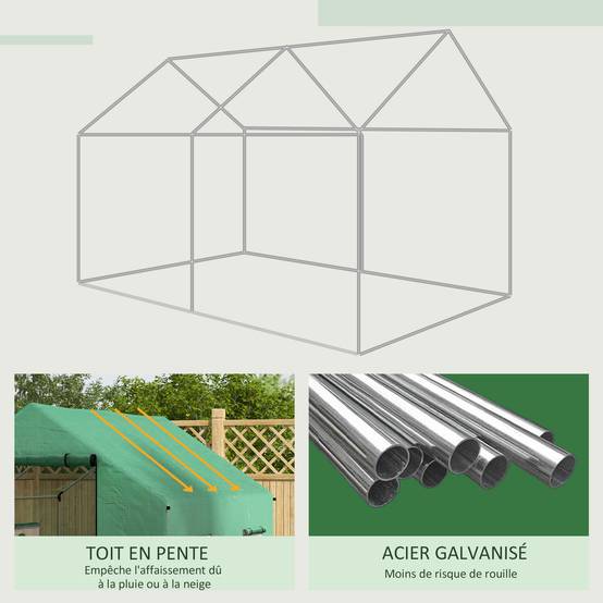 Serre de jardin tunnel 2 x 3m, 6m² avec porte enroulable, 4 fenêtres, - Acier galvanisé PE Haute densité Vert - Image 9