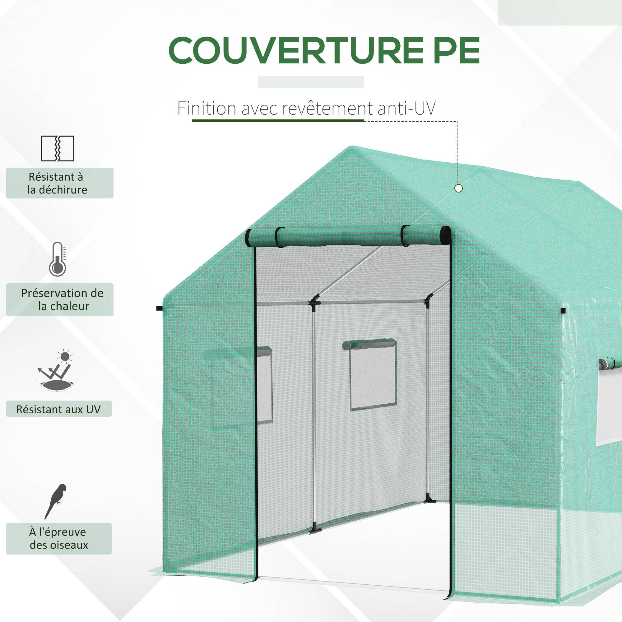 Serre de jardin tunnel 2 x 3m, 6m² avec porte enroulable, 4 fenêtres, - Acier galvanisé PE Haute densité Vert - Image 6
