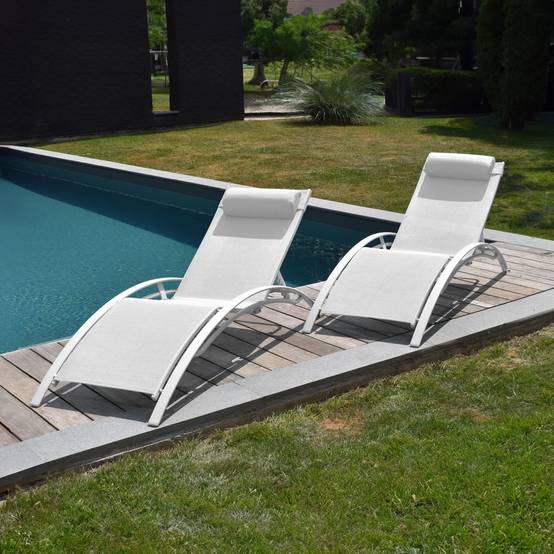 Happy Garden - Lot de 2 transats GALAPAGOS en textilène blanc - aluminium blanc - HAPPY GARDEN - Imagen 2