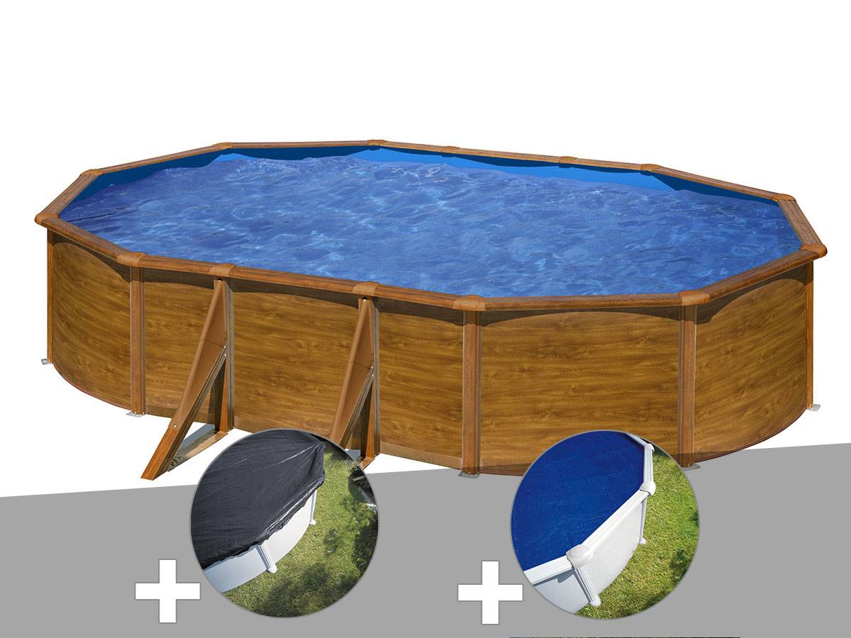 Gré - Kit piscine acier aspect bois Gré Pacific ovale 6,34 x 3,99 x 1,22 m + Bâche d'hivernage + Bâche à bulles
