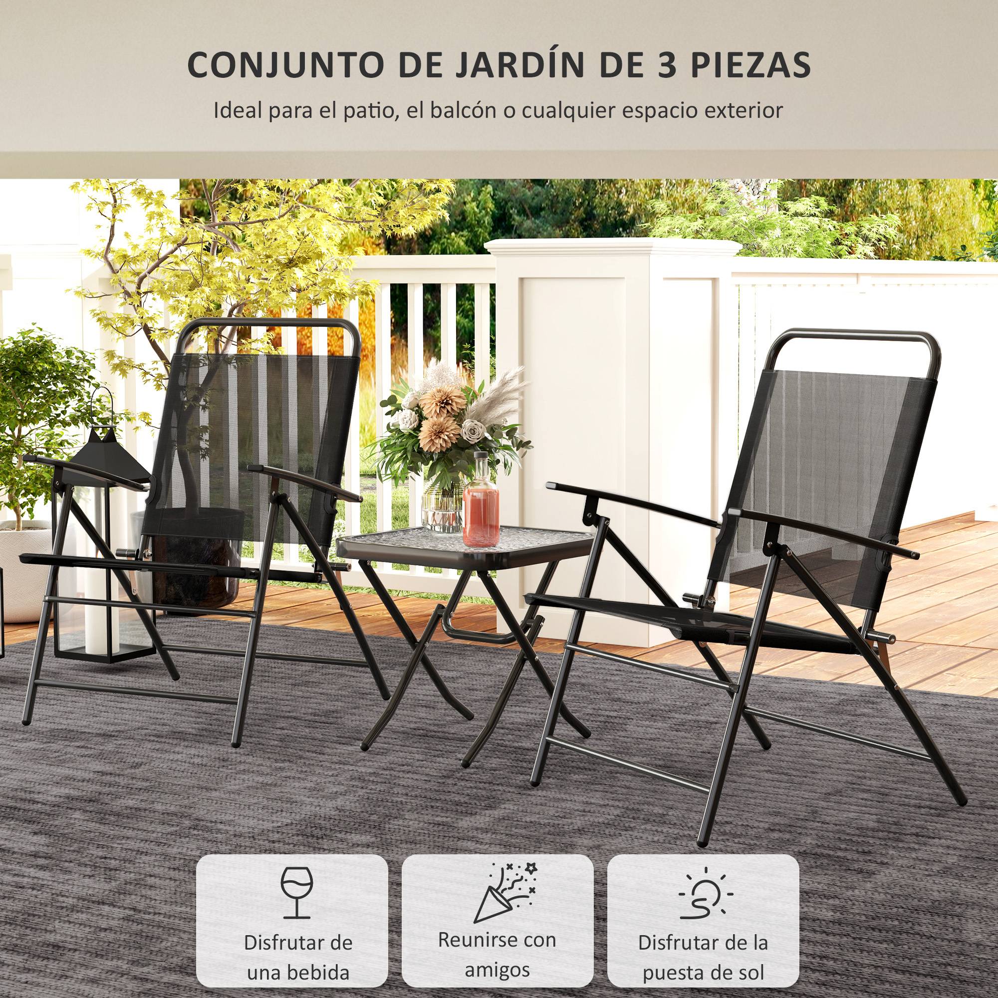 Salon de jardin 3 pièces acier textylène balcon chaises pliables réglables noir - ComfortXL Outdoor Living - Image 6