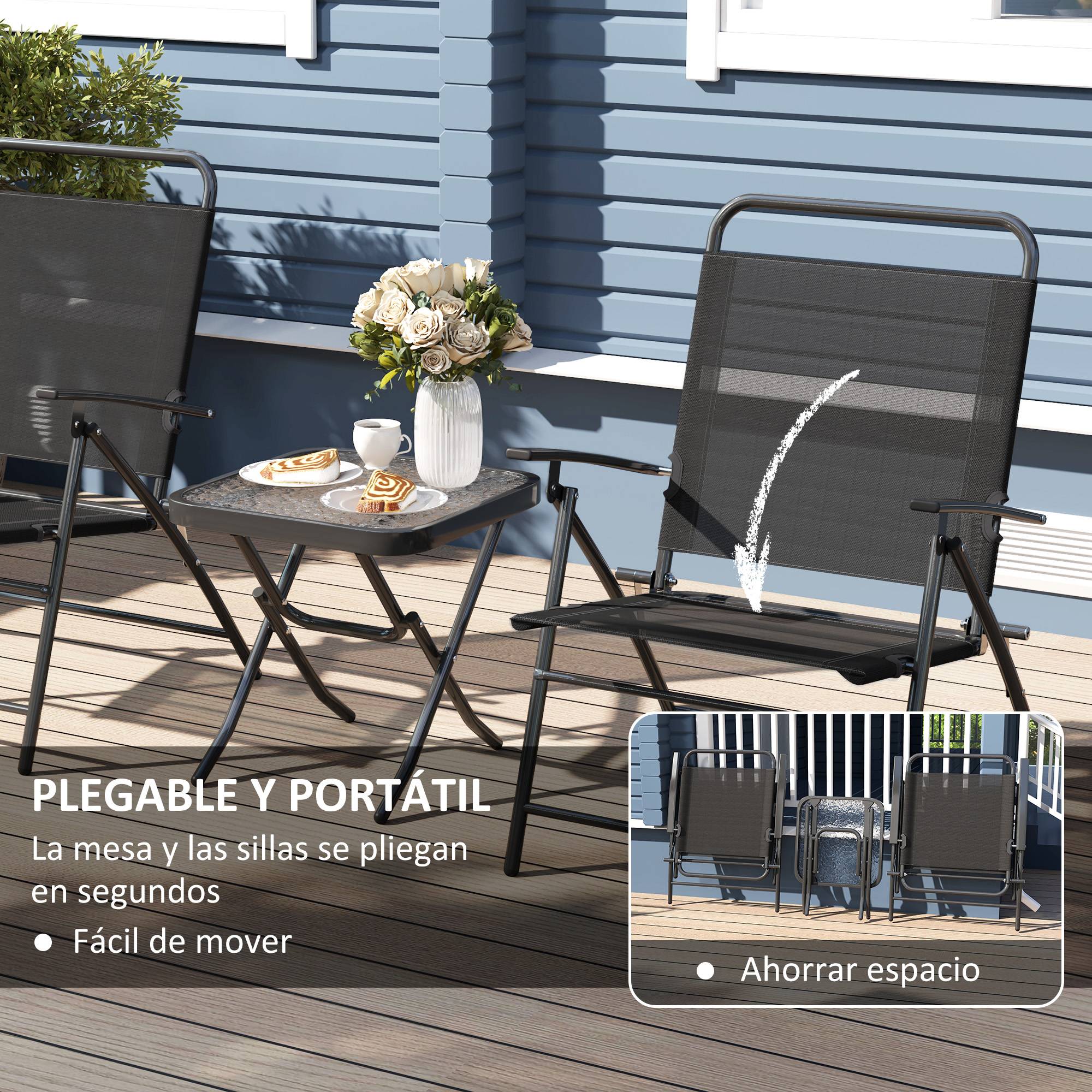 Salon de jardin 3 pièces acier textylène balcon chaises pliables réglables noir - ComfortXL Outdoor Living - Image 7