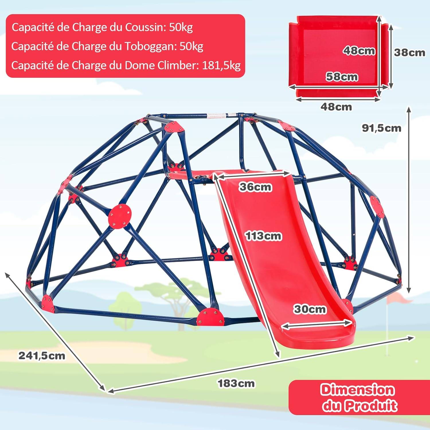 Dôme d'escalade Enfants avec Toboggan, Cage d'escalade avec Coussin en Tissu, Charge 180kg, Aire de Jeux Extérieure et Intérieure, Rouge - Image 3