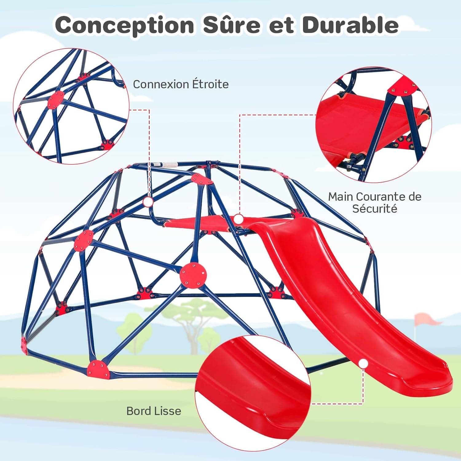 Dôme d'escalade Enfants avec Toboggan, Cage d'escalade avec Coussin en Tissu, Charge 180kg, Aire de Jeux Extérieure et Intérieure, Rouge - Image 8