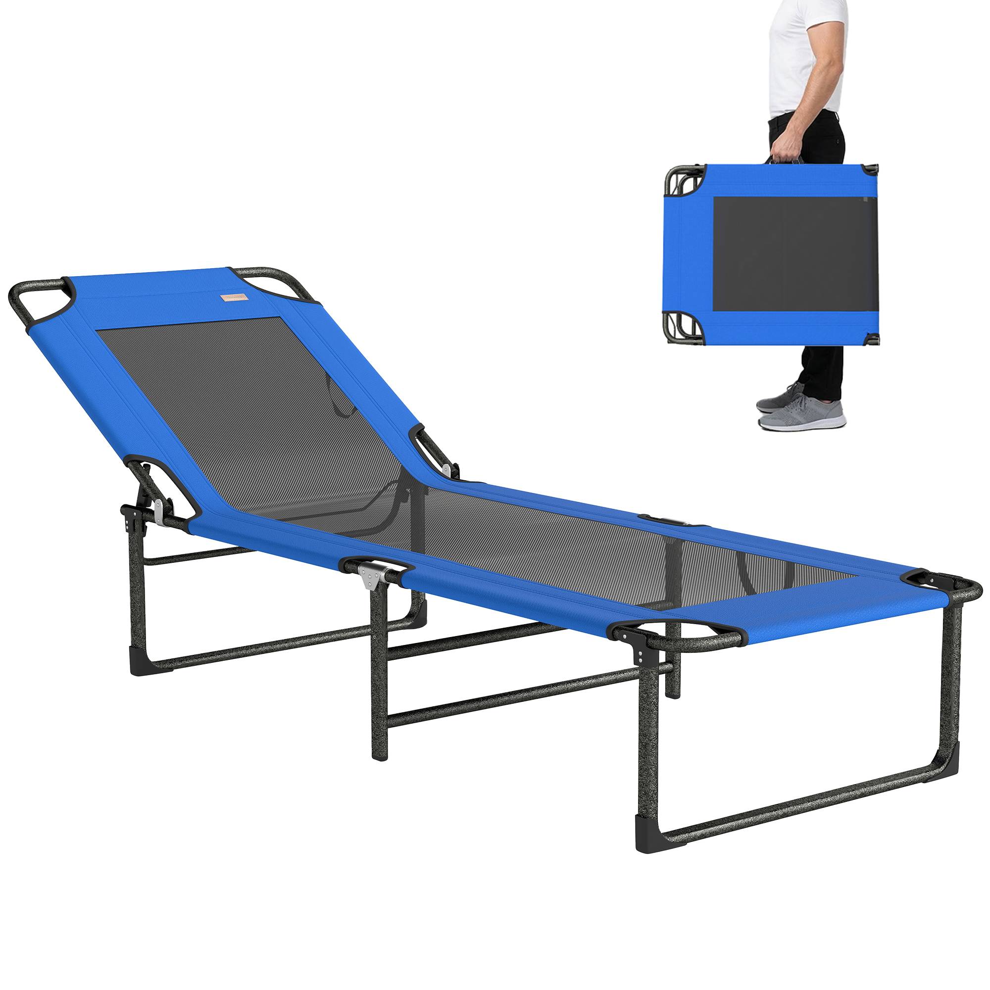 Transat bleu 4 positions textilène avec poignées capacité 120 kg 175x58x68 cm, chaise longue piscine robuste