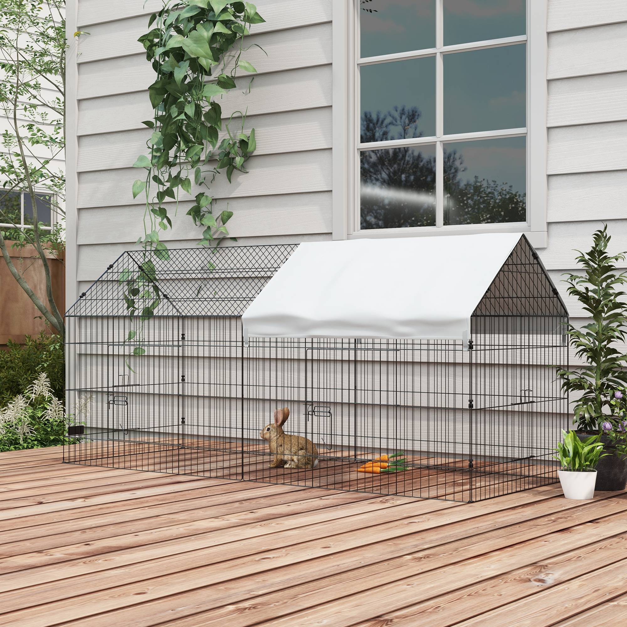Cage intérieur/extérieur pour lapins avec maison et toit, 220x85x103 cm, argent - Image 4