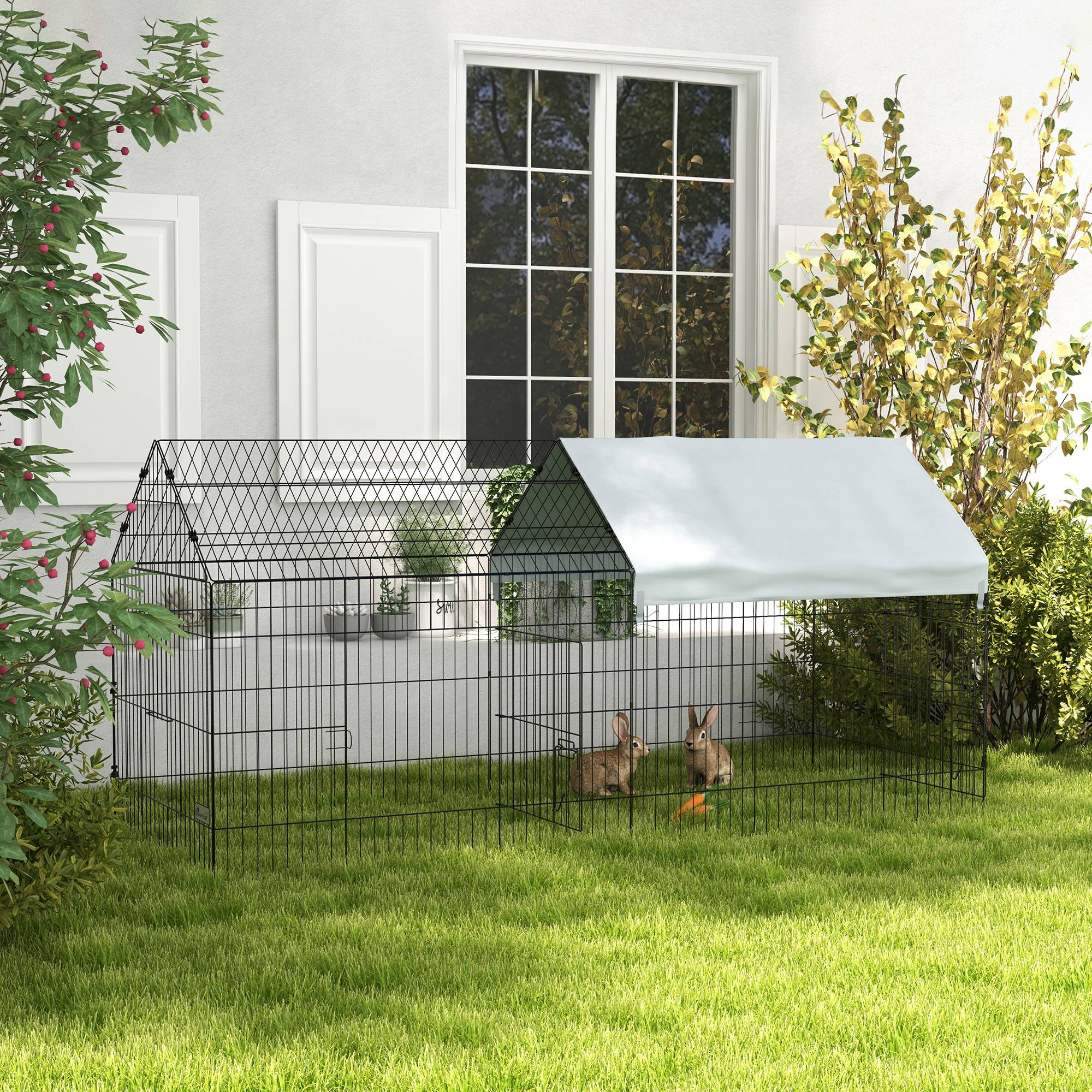 Cage intérieur/extérieur pour lapins avec maison et toit, 220x85x103 cm, argent - Image 3