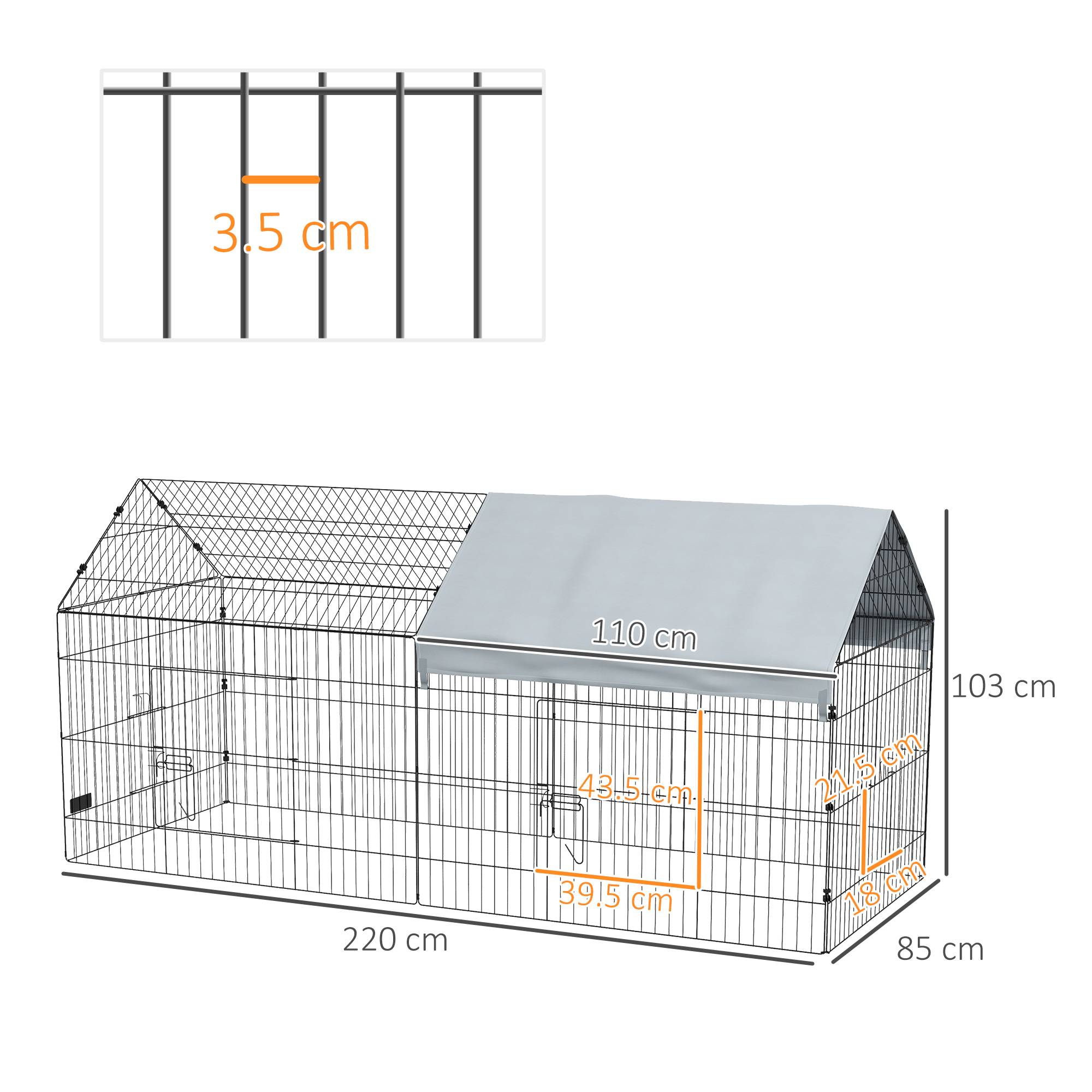 Cage intérieur/extérieur pour lapins avec maison et toit, 220x85x103 cm, argent - Image 5