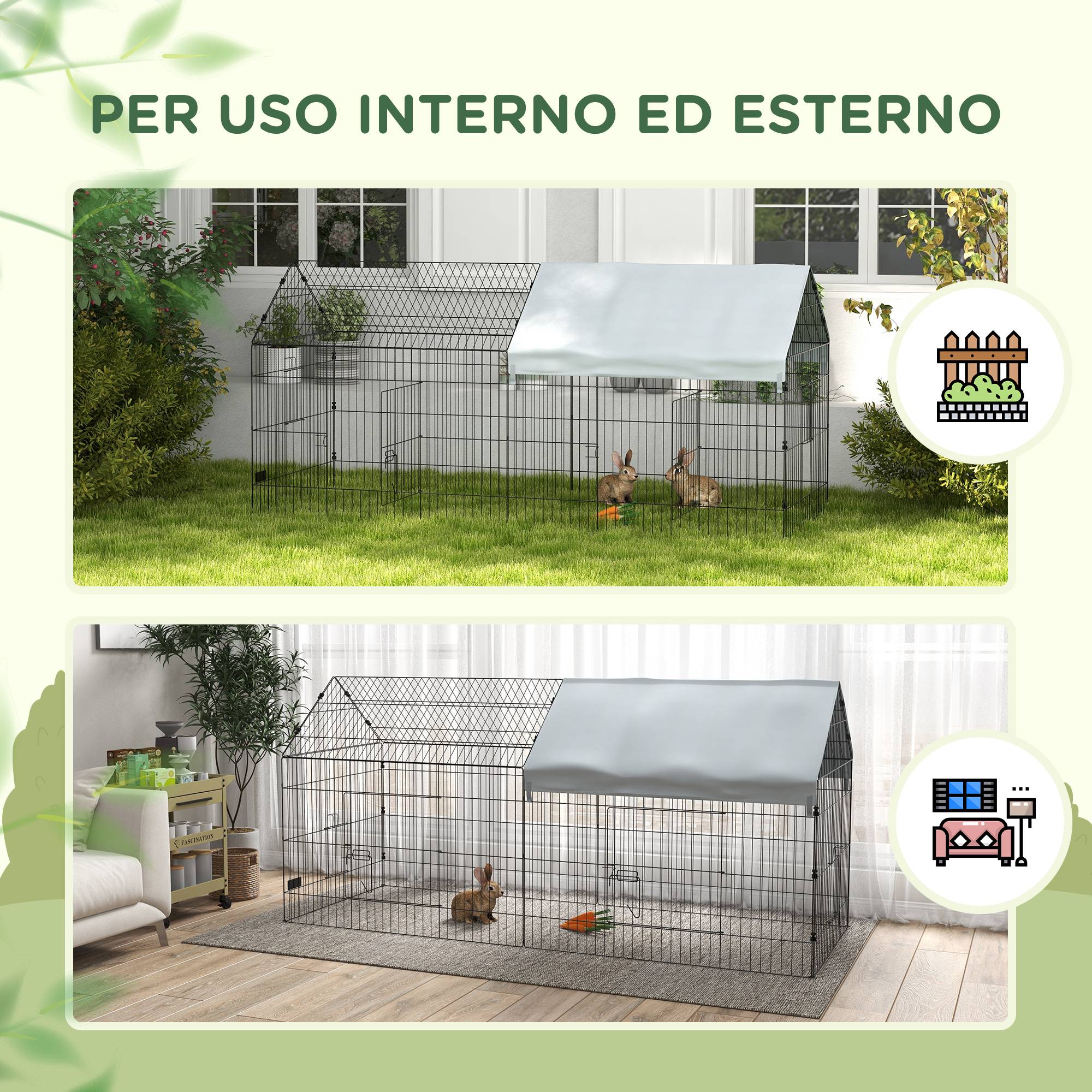 Cage intérieur/extérieur pour lapins avec maison et toit, 220x85x103 cm, argent - Image 7